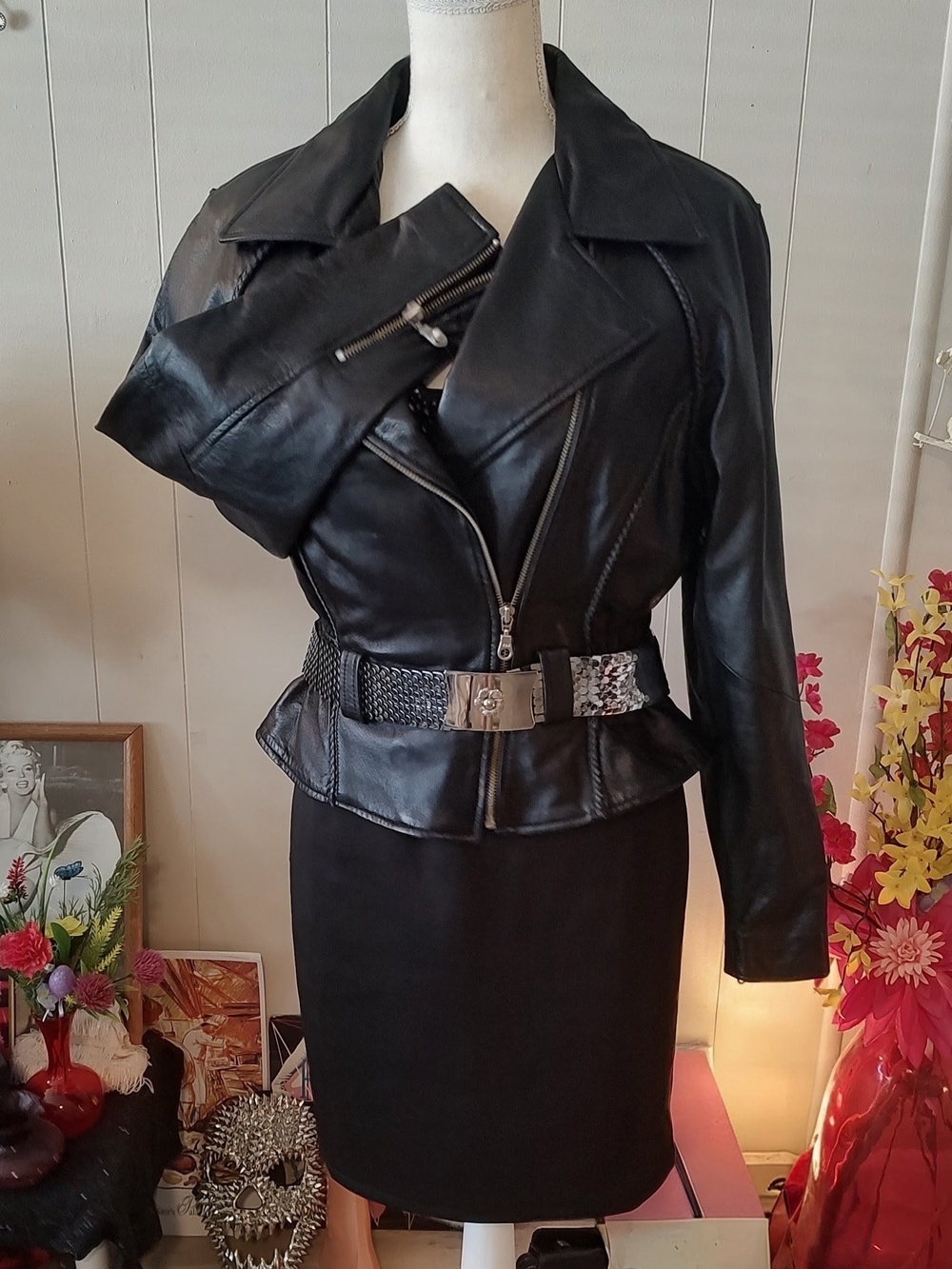 Black Leather Peplum Biker Jacket with Decorative Belt Medium